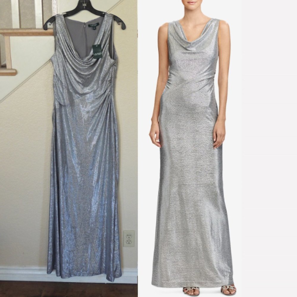 Ralph Lauren Mother of the Groom Silver Cowl Sleeveless Metallic Evening Gown 6,